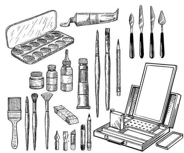 Outils Peinture Éléments Croquis Vectoriel Ensemble Icônes Croquis Dessinées Main — Image vectorielle