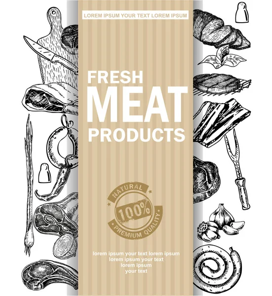 矢量手绘与肉类产品插图 餐厅菜单模板 框架与肉制品素描 农贸市场卡当地肉店 复古设计模板 — 图库矢量图片