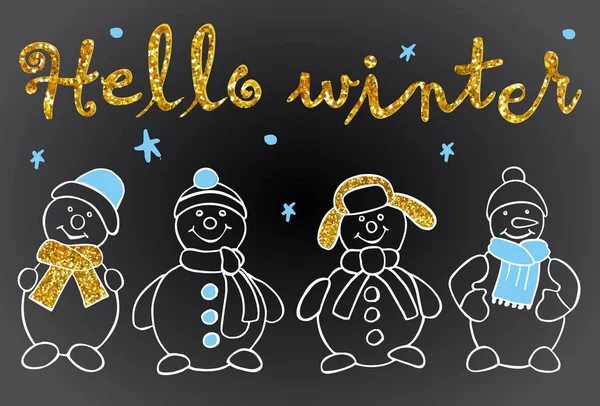 Hallo Winter Letters Vector Illustratie Met Kerst Sneeuwpop Donkere Achtergrond — Stockvector
