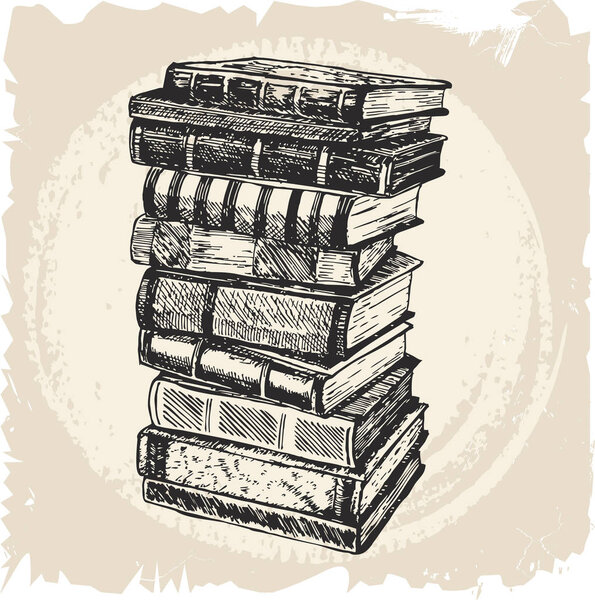 Stack of books isolated on white, Hand Drawn Sketch Vector illustration. Doodle book collection