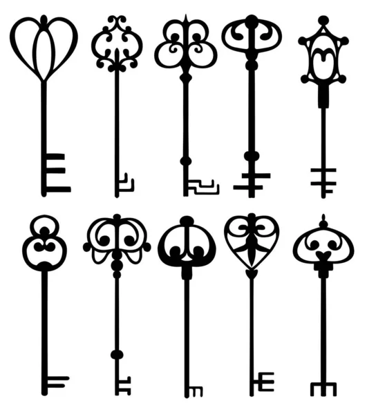 Zabytkowe Klucze Stare Klucze Wektor Zestaw Sylwetki Kluczy — Wektor stockowy