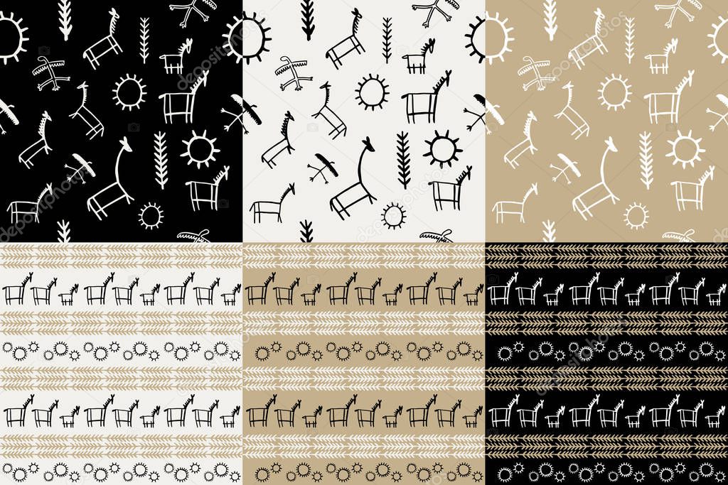 Seamless ancient symbols of Petroglyphs. Seamless pattern with rock paintings. Set. 