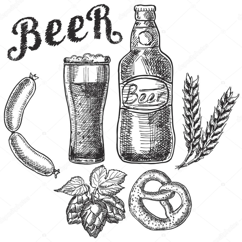 Set of beer objects. Hand drawing set of vector sketches. Beer, hops, barley, sausages, pretzel.