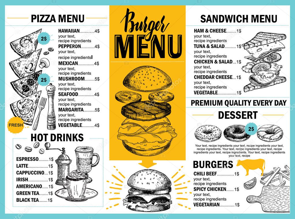 Food menu for restaurant and cafe. Design template with hand-drawn graphic elements in doodle style. Restaurant cafe menu, template design. Food flyer