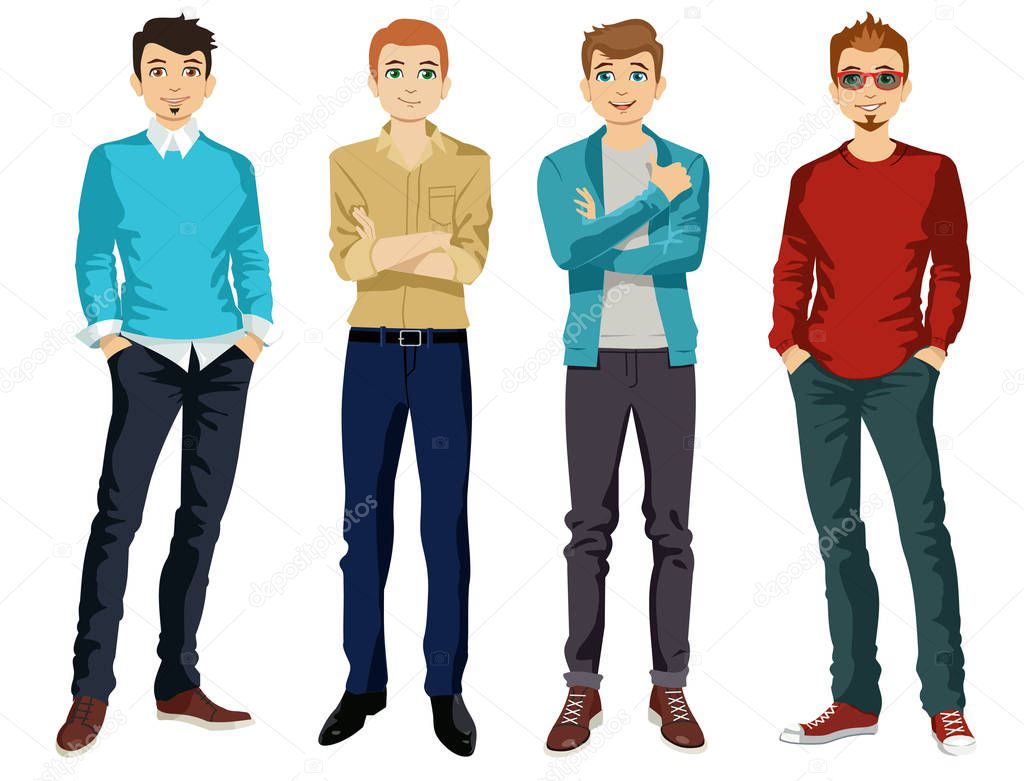 Handsome men dressed in modern male style, vector illustration. Set. Young handsome casually dressed hipster geek guy in jeans. vector illustration.