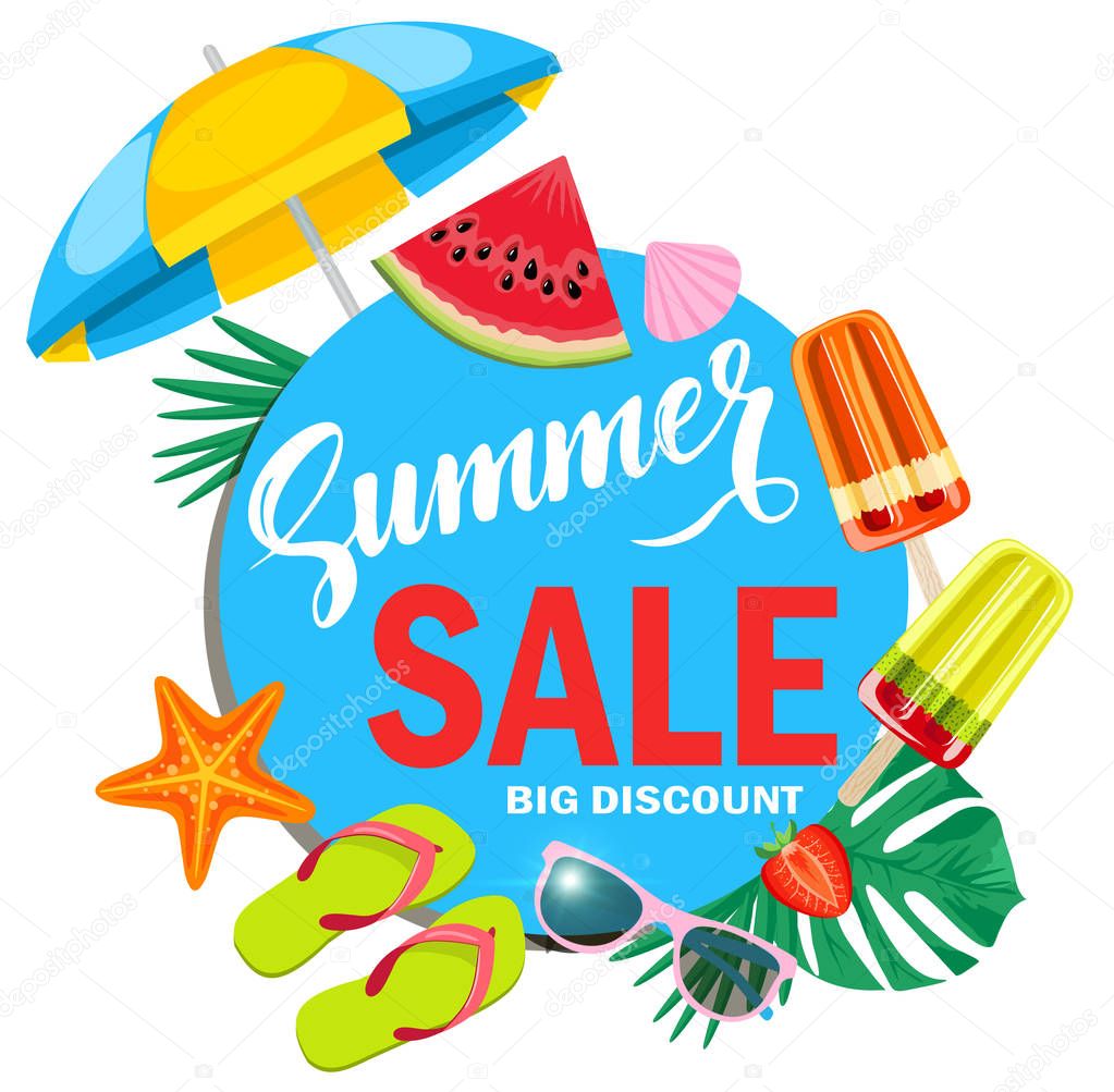 Summer sale vector banner design for promotion with colorful beach elements behind blue circle in white background. Vector illustration