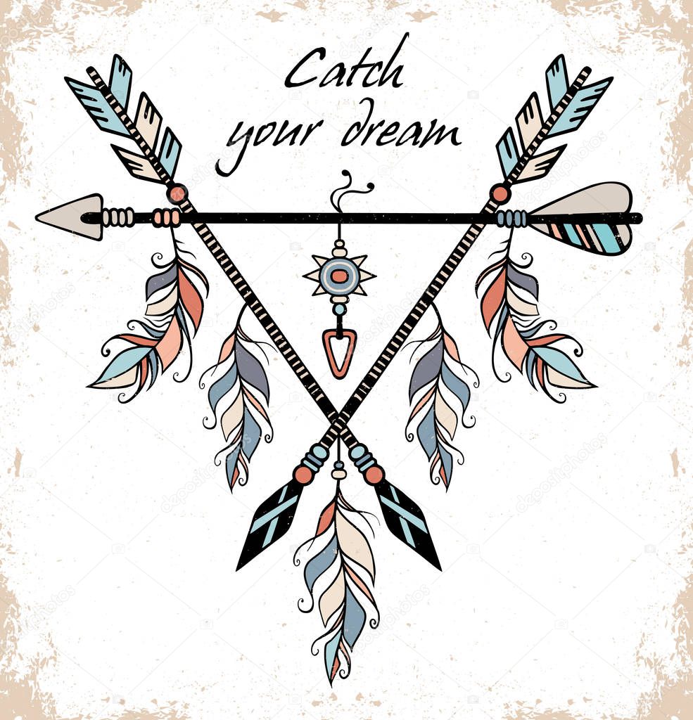 Native american accessory with arrow feathers and lettering Catch your dream. Vector illustration. T-shirt design. 