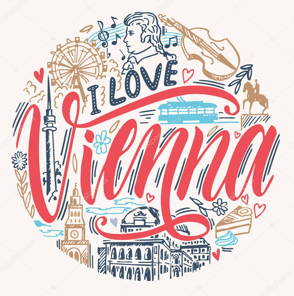 Vienna Austria City. Lettering Illustration. Travel and Tourism Concept with Historic Architecture. Symbols of Vienna round design. Travel poster, postcard and advertising design