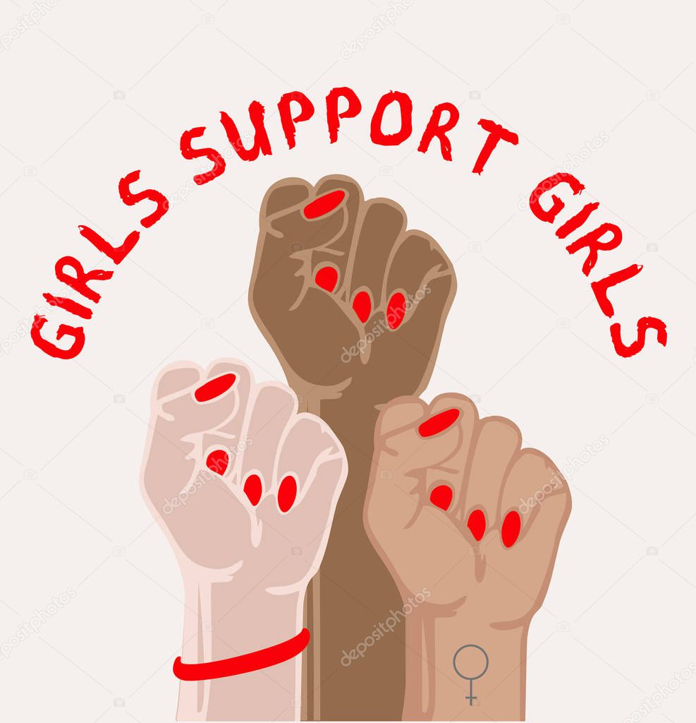 Girls support girls. 3 Woman's hands with her fist raised up. Girl Power. Feminism concept. Sticker, patch graphic design