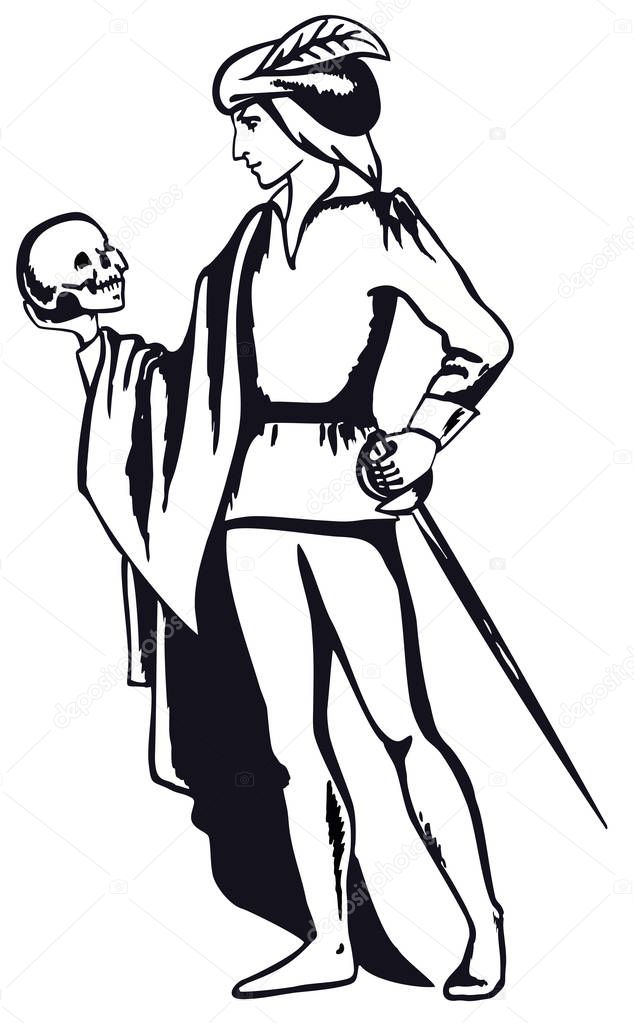 Black and white illustration of Hamlet with a skull in his hand. Actor plays the role of Hamlet, vector and illustration
