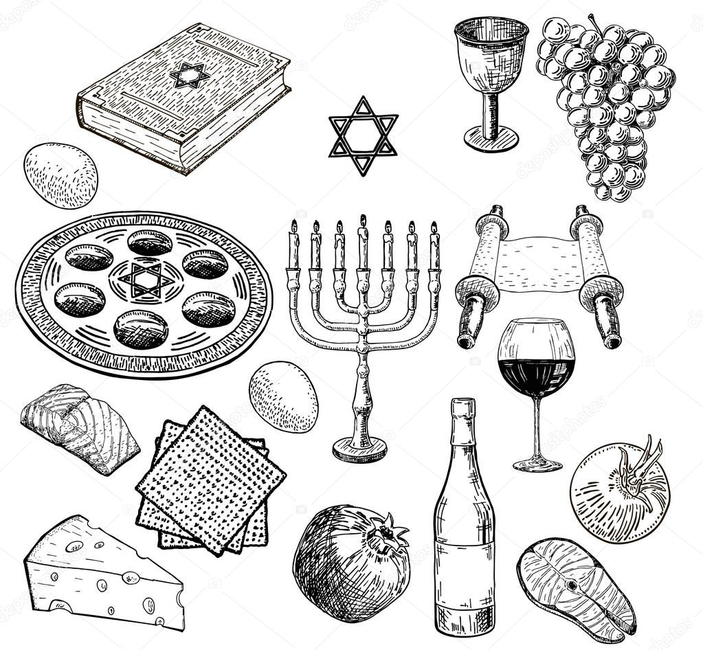 Vector set of sketches on the theme of Passover. Attributes and symbols of the Jewish holiday. Dish Passover, matzah, the Haggadah. Can be used as Coloring book