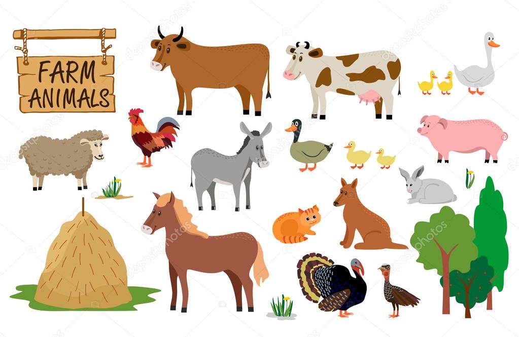 Farm animals set in flat style isolated on white background. Vector illustration. Cute cartoon animals collection: sheep, goat, cow, donkey, horse, pig, cat, dog, duck, goose, rooster, turkey. 
