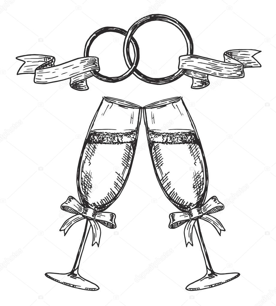 Wedding glasses with champagne. Wedding emblem. Hand drawn party icon with champagne glasses vector illustration. Vintage wedding invitation. Wedding rings, champagne glasses