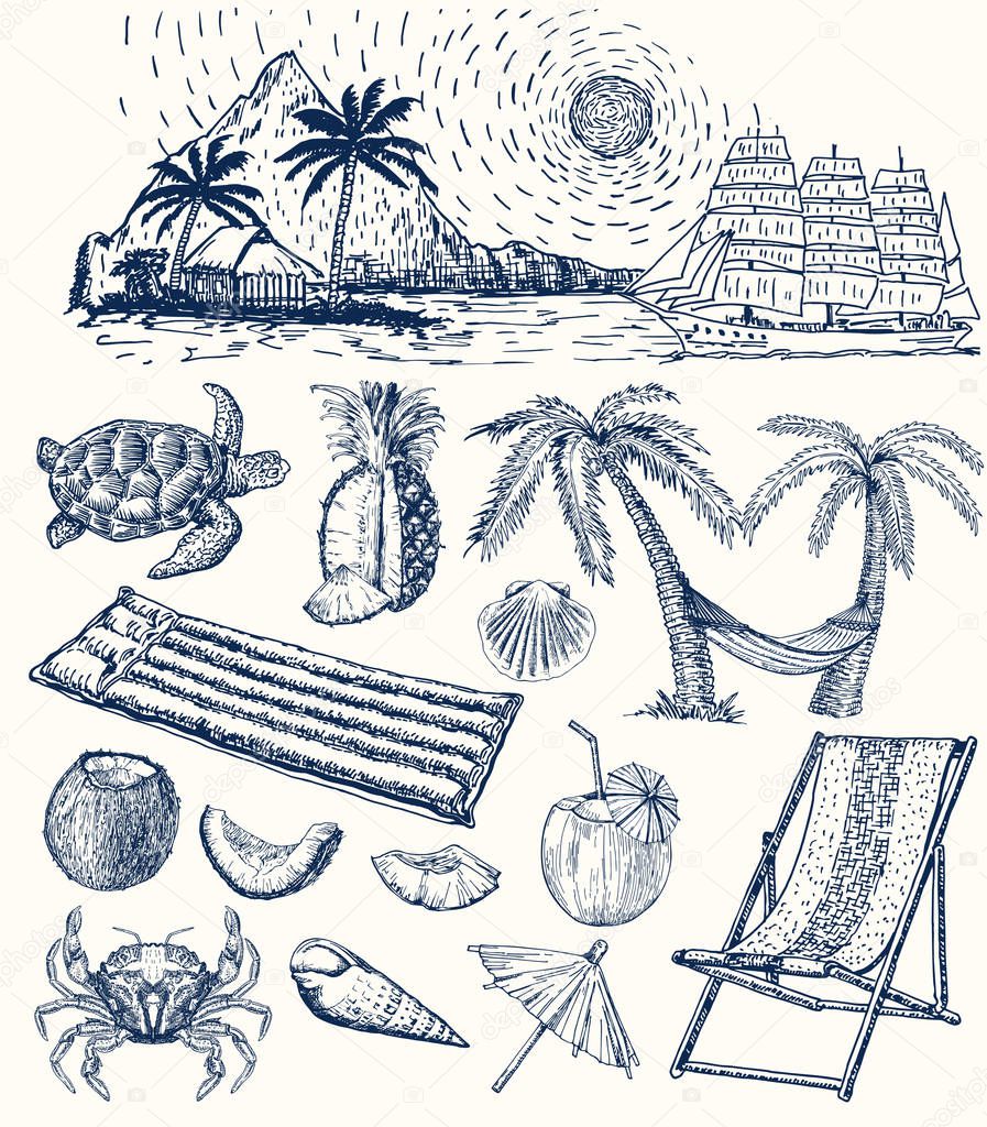 Set of Travel, Tourism and Summer Beach. Hand drawing set of vector sketches