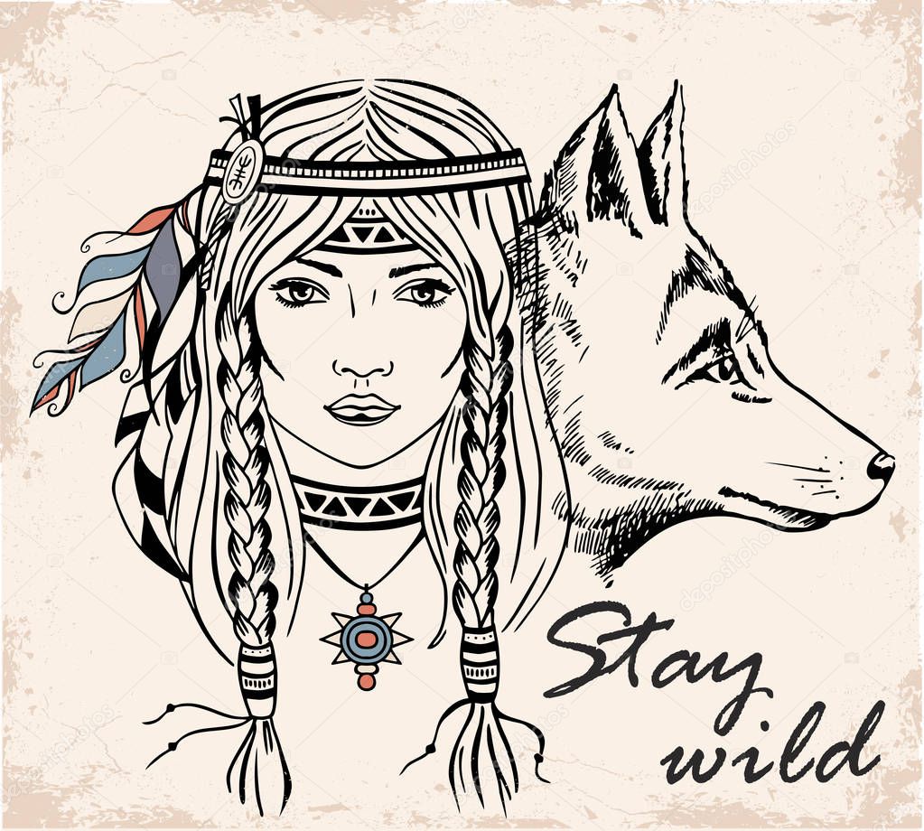 Vector illustration of girl with fox headdress and feathers. 