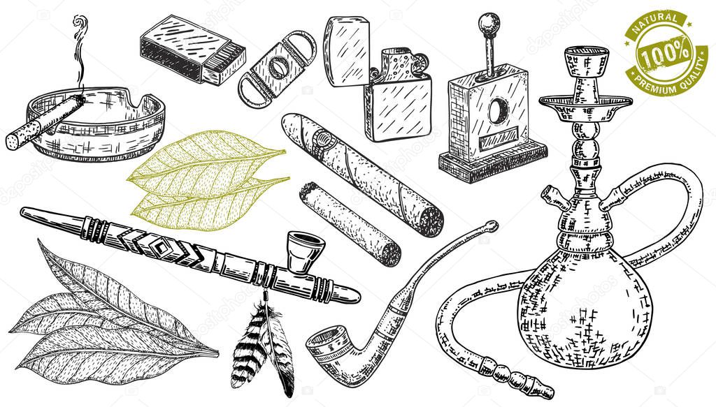 Tobacco And Smoking Sketch Set. Hand drawn cigars, hookah, matches, tobacco leaves, Pipe and smoking accessories 