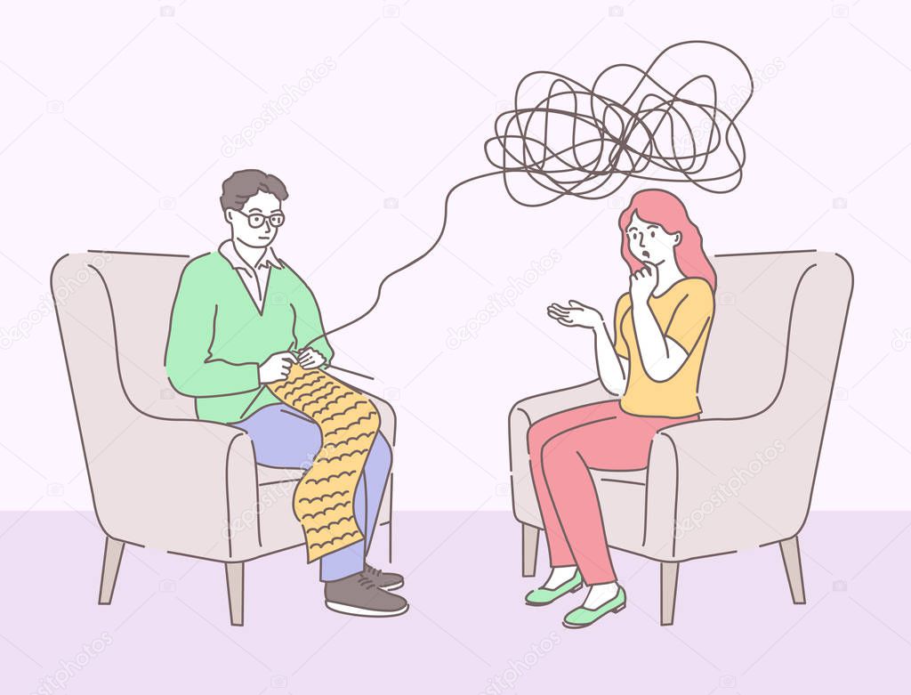 Psychotherapy. Man psychologist with tangled and untangled brain metaphor, society psychiatry concept vector illustration. Psychotherapy concept illustration with anxious lady and male doctor.