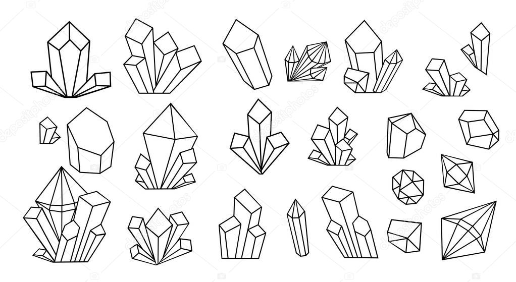 Crystal thin line icons set. Outline sign kit of gemstone. Mineral linear icon collection. Simple crystal black contour symbol with reflection vector Illustration. Hand drawn sketching of crystals