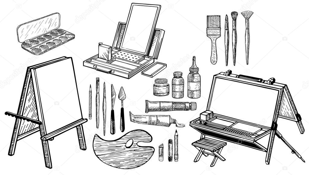 Hand drawn art tools and supplies set. Sketch. Painting tools elements vector concept. Art supplies: easel, canvas, paint tubes, brushes. Drawing creative materials illustration for workshops designs
