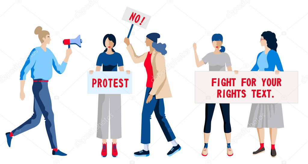 Female protest. Crowd of protesting people holding banners and placards. Women taking part in political meeting, parade or rally. Group female protesters and activists. Illustration. 