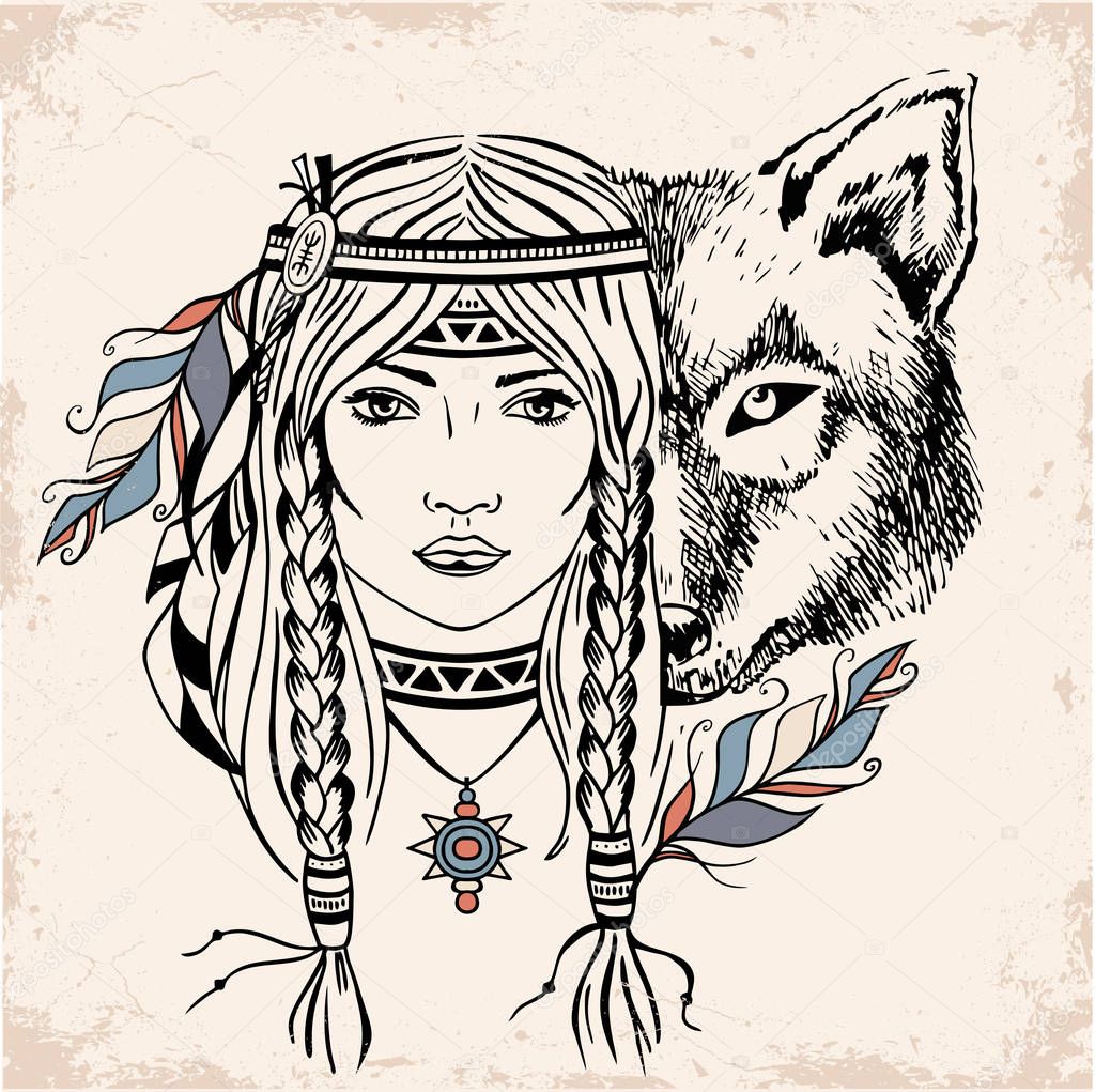 Native American girl with Wolf. vintage retro style engraving. sketch for printing on clothes. vector 