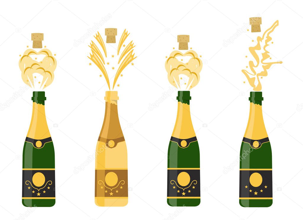 Several bottles of champagne being opened, vector illustration