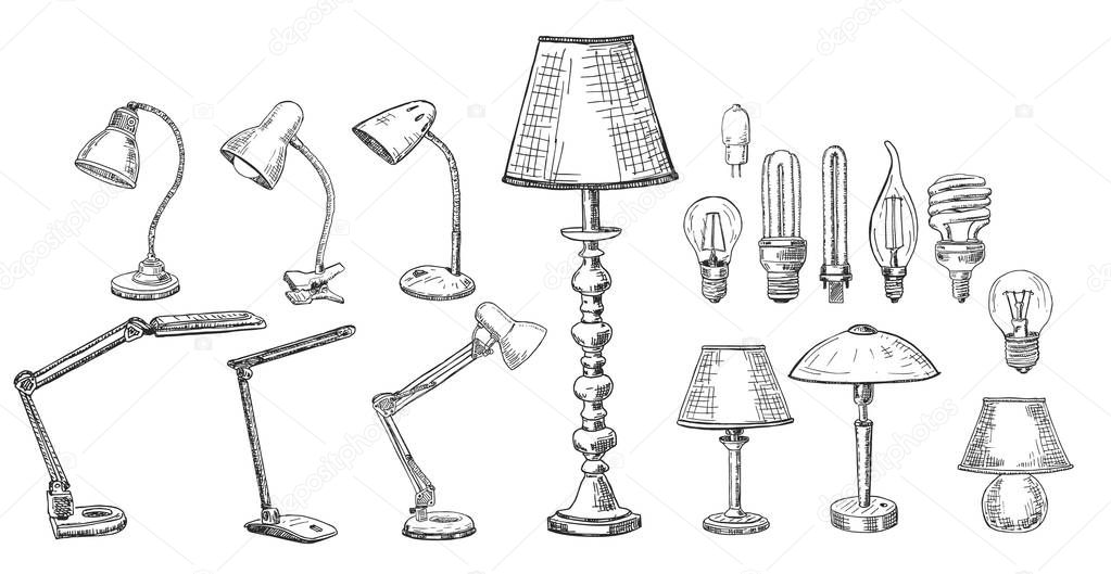 Lights and lamps sketch. Set. Hand drawn vector set of different lamps. Light bulb set. 