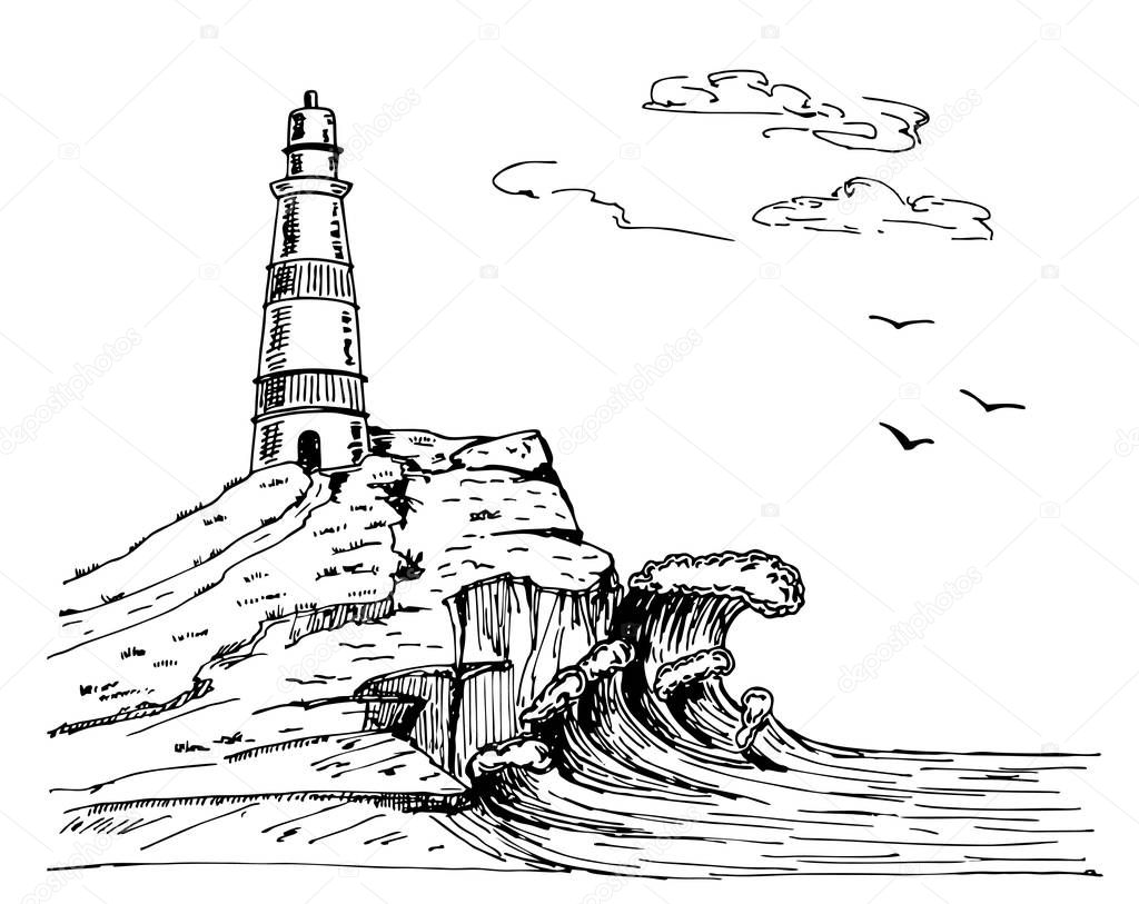 Lighthouse vector hand drawn illustrations. Sea sketch with rocks and lighthouse. Hand drawn illustration vector