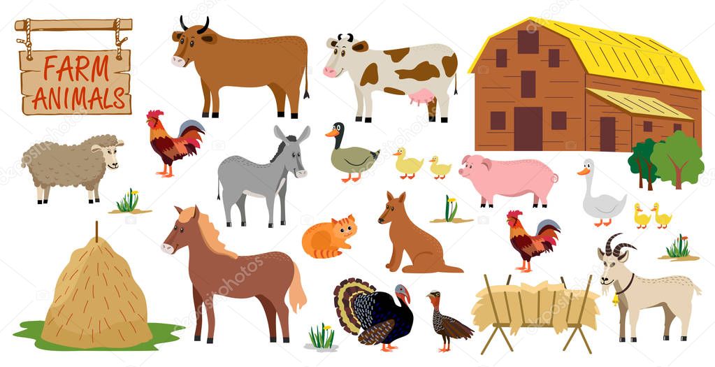 Farm animals set in flat style isolated on white background. Vector illustration. Cute cartoon animals collection: sheep, goat, cow, donkey, horse, pig, cat, dog, duck, goose, rooster, turkey.