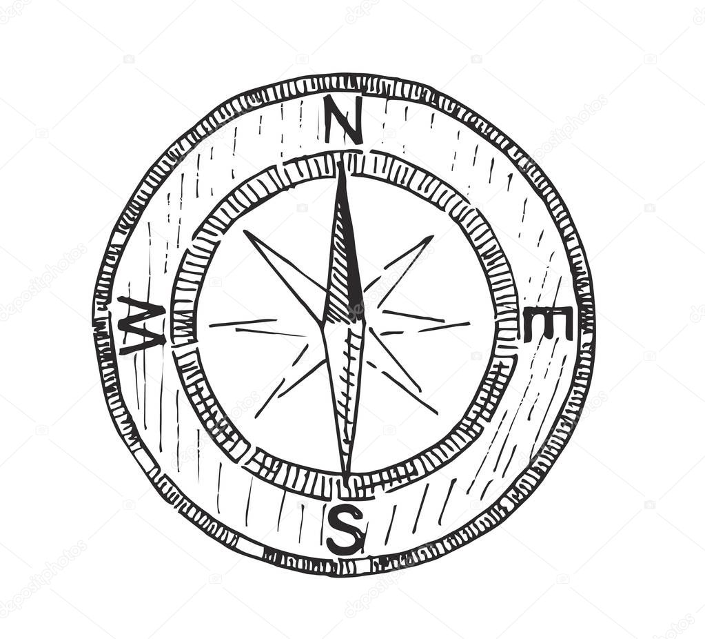 Compass icon vector sketch sign symbols logo illustration isolated. Concept design art for business, travel, tourism, science, direction. Black wind rose isolated on white background. 
