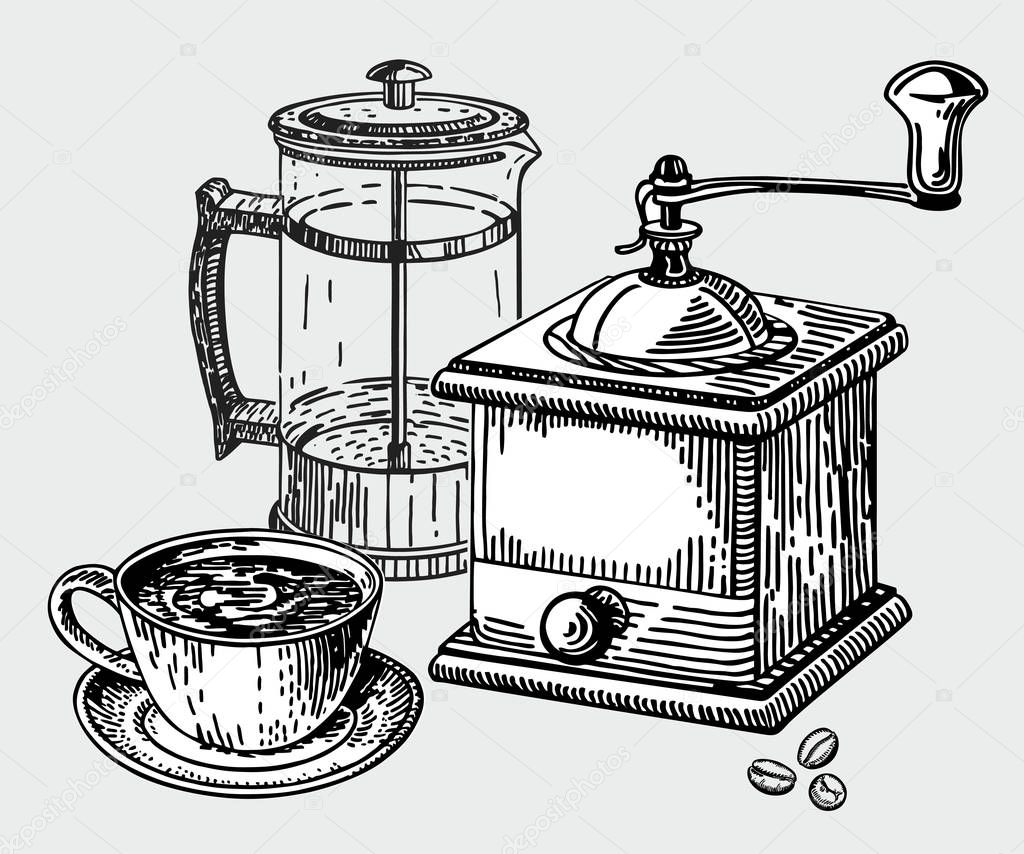 Hand drawn coffee set, coffee mill. Manual coffee grinder, french press and cup of coffee. Drawing hands, ink sketch, engraving. 
