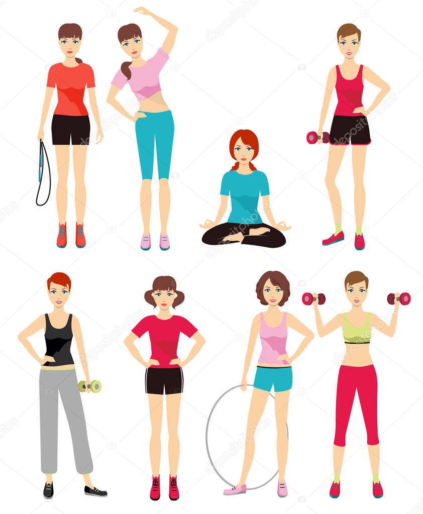 Women in sportswear set. Sport outfit young woman vector illustration