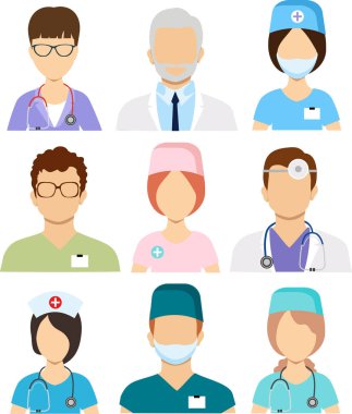 Beyaz arka plan üzerinde izole profesyonel doktor avatarları. Tıp uzmanları ve sağlık personeli simgeler vektör çizim insanlar 