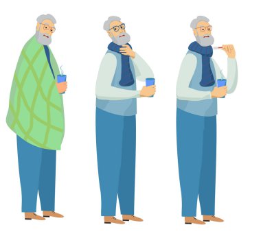 Erkekler soğuk algınlığı geçiriyor, elinde bir bardak, çizgi film tarzı vektör. Hastalık bulaşıcı hastalık ile vektör soğuk ateş hasta karakteri