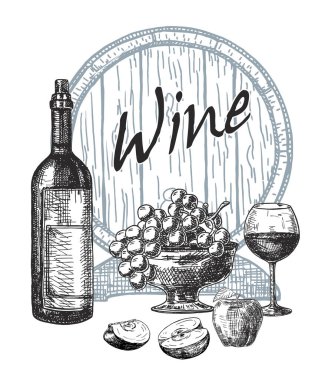 Eskiz tarzında şarap yapımı ürünleri. Şarap fıçısı, cam, üzüm, üzüm dalı olan vektör çizimi. Klasik alkolik içkisi.
