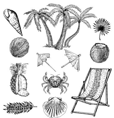 Plaj seti krokisi. Plaj istirahati. Elle çizilmiş yaz tatili seti.