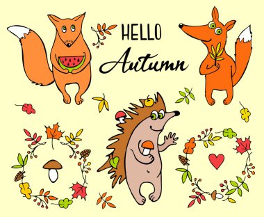 Tebrik kartı. Poster. Yazı. Merhaba Autumn. Sonbahar nedeni. Çizgi film hayvan karakterleri. Vahşi karikatür sevimli hayvanlar koleksiyonları vektör. Çizgi film orman hayvanlarının büyük seti. Sincap, tilki, kirpi.