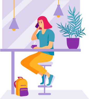 Kız bir kafede oturup kahve içiyor ve telefonda konuşuyor. Kafe veya restoran masasında oturan genç kadın, kahve içiyor. Kadın karikatür karakterleri. Vektör Illustration.
