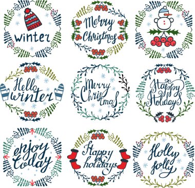 Neşeli ve Parlak vektör illüstrasyon. Noel çelenkleri. Noel tebrik kartı. Tebrik kartı, web ve afiş tasarımı için kullanılır. El yazısı. Vektör kümesi 