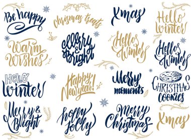 Noel Yazı Seti. Mutlu Noeller. Yeni Yılınız Kutlu Olsun. Tipografi seti. Vektör logosu, amblemler, metin tasarımı. Afişler, tebrik kartları, hediyeler için kullanılabilir