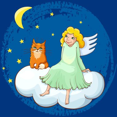 Sevimli melek kız ve kedi bulutta. Hıristiyan vektör karikatür illüstrasyon. Şenlikli dekorasyon Noel için, Sevgililer Günü. Çocuk kitapları, kartlar için illüstrasyon