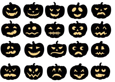 Balkabağı ikonları. Beyaz arkaplanda izole edilmiş siyah balkabağı silueti. Bir dizi duygu simgesi kabağı.