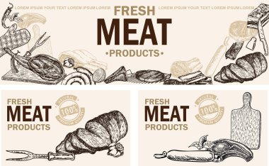 Vektör el et ve parti karşılama ile çizilmiş posterler koleksiyonu. Tipografik tek renkli çizim kartları kümesi. Et kartları, afişler. El çizilmiş et gıda yatay afiş