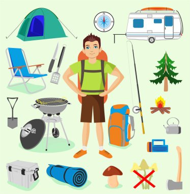 İnsanlar ve nesnelerle kamp seti. Dış mekan öğeleri kümesi. Kamp malzemeleri koleksiyonu. Kamp malzemeleri. Vektör çizimi