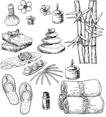 Elle çizilmiş spa öznitelikleri kümesi. Spa ve güzellik salonu, Wellness merkezi tasarımı için şablon. Vektör illüstrasyon. Spa çizim seti