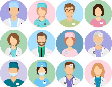 Doktorlar ve hemşireler vektör simgelerinin profilini çıkarır. Cerrah ve terapist, göz doktoru ve beslenme uzmanı avatarlar