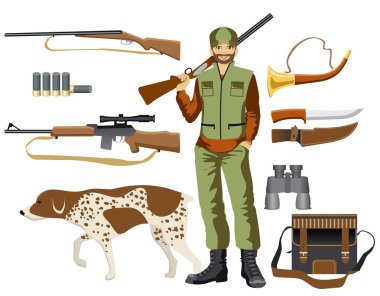 Avcı -lık. Vektör avcılık Seti. Avcı, silahlar ve bıçaklar, av köpeği ve avcılık için aksesuarlar. 