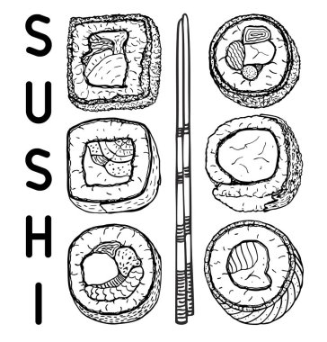Suşi. Çizim stili. Vektör el çizilmiş illüstrasyon. Tasarım için yalıtılmış nesneler