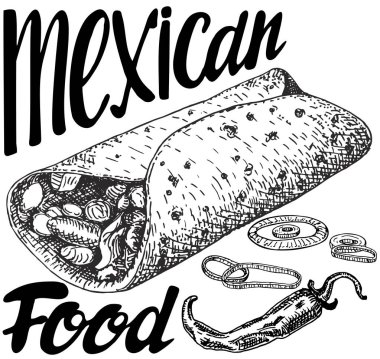 Burrito Meksika yemeği. Beyaz arka planda yalıtılmış vektör çizim stili çizimi.