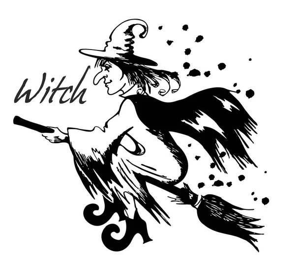Bruxa Voando Uma Vassoura Dia Das Bruxas Noite Walpurgis Esboço — Vetor de Stock